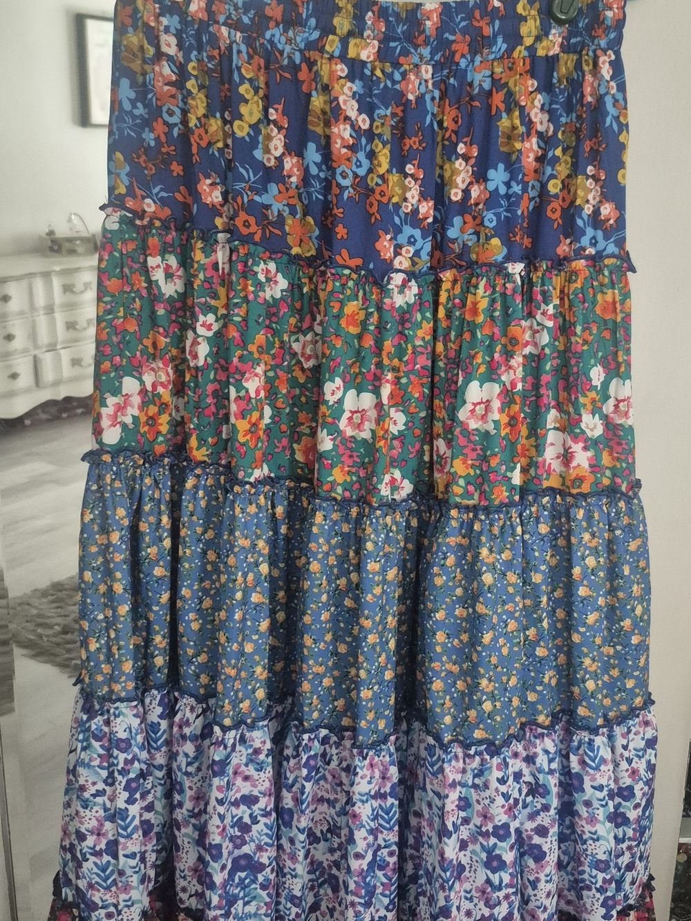 Three Bird Nest Multi-Panel Floral Tiered Maxi Skirt - Blue, Green, Purple